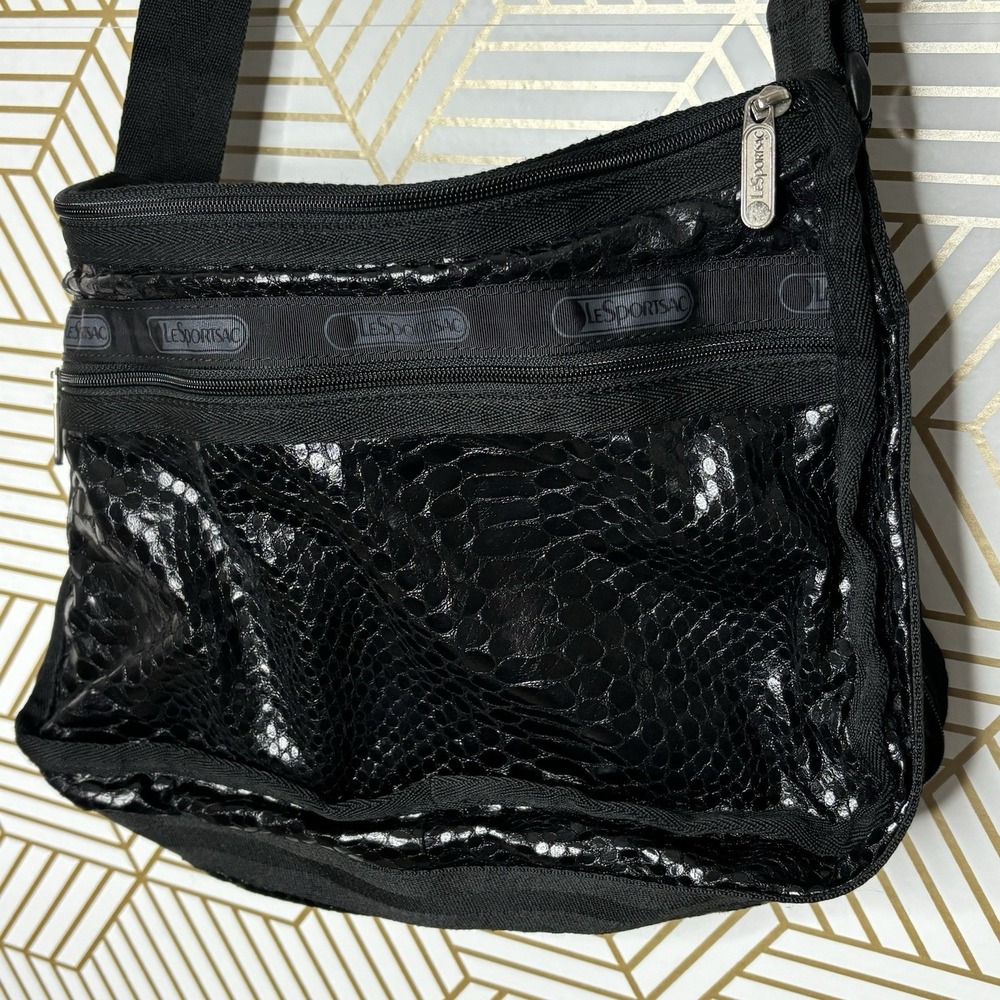 LeSportSac Deluxe Expandable Black Shoulder Bag Glossy Snake Print & Zip Pouch